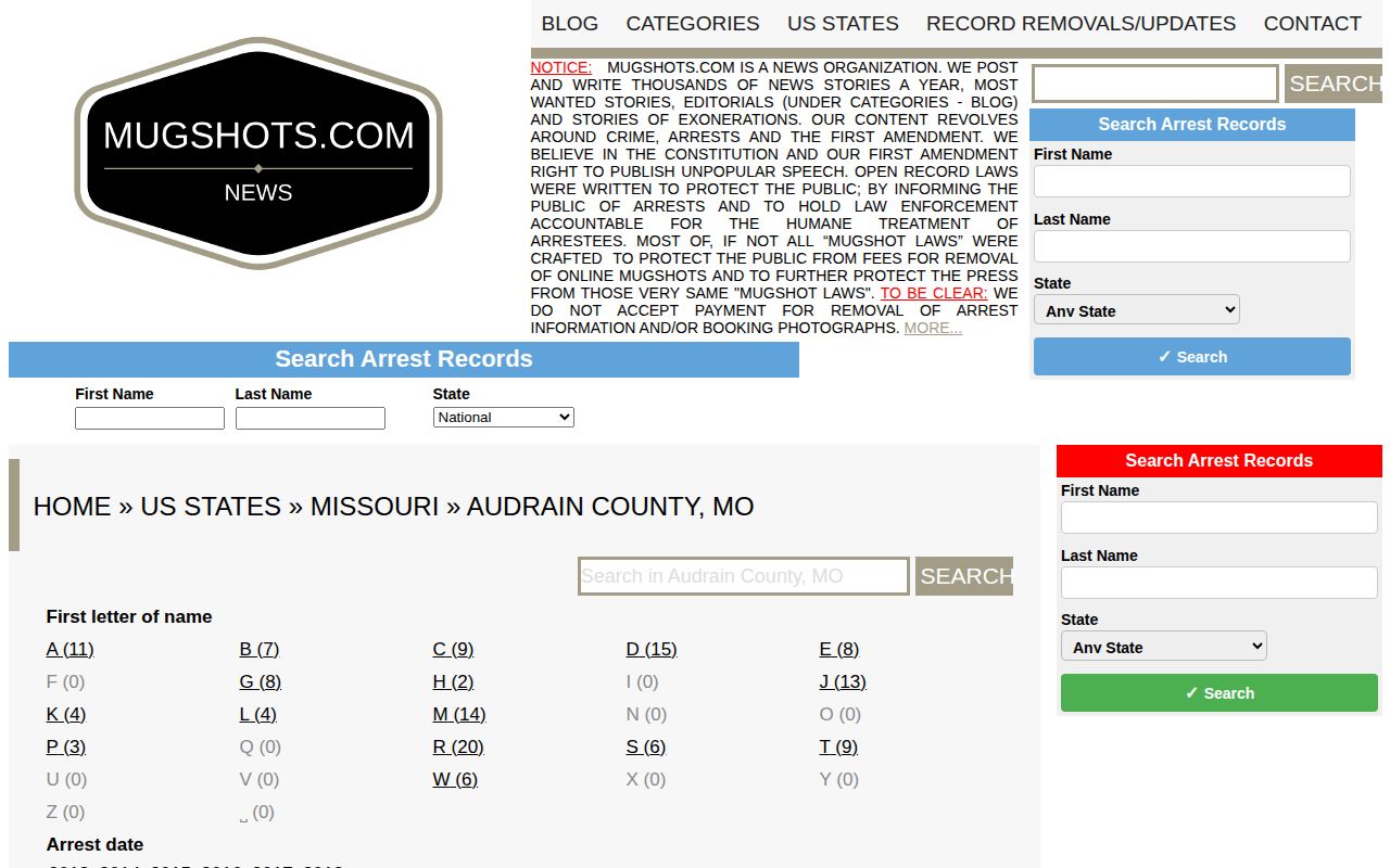 Audrain County arrest-record search interface from unofficial Mugshots.com